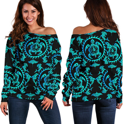 Turquoise Tribal Sea Turtle Hawaiian Off Shoulder Sweatshirt