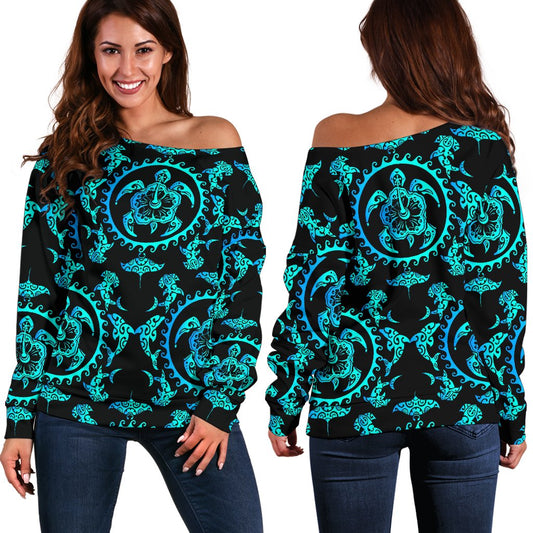 Turquoise Tribal Sea Turtle Hawaiian Off Shoulder Sweatshirt