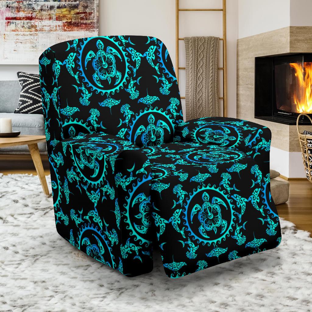 turquoise Tribal Sea Turtle Hawaiian Recliner Slipcover-JORJUNE.COM