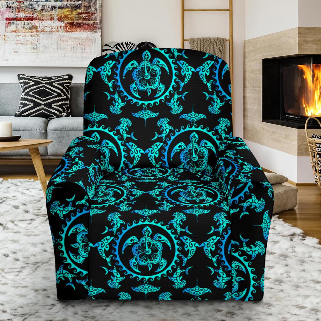 turquoise Tribal Sea Turtle Hawaiian Recliner Slipcover-JORJUNE.COM