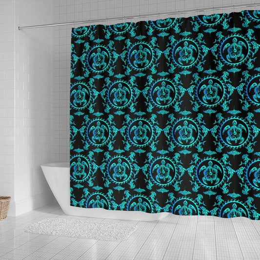 Turquoise Tribal Sea Turtle Hawaiian Shower Curtain