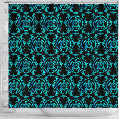 Turquoise Tribal Sea Turtle Hawaiian Shower Curtain