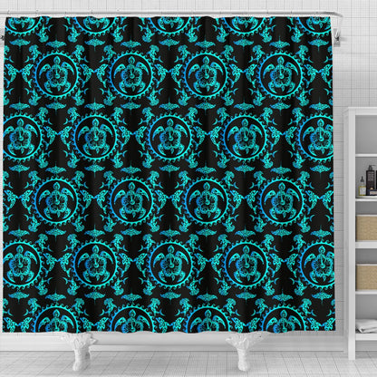 Turquoise Tribal Sea Turtle Hawaiian Shower Curtain