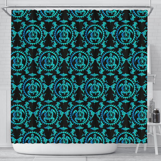 Turquoise Tribal Sea Turtle Hawaiian Shower Curtain