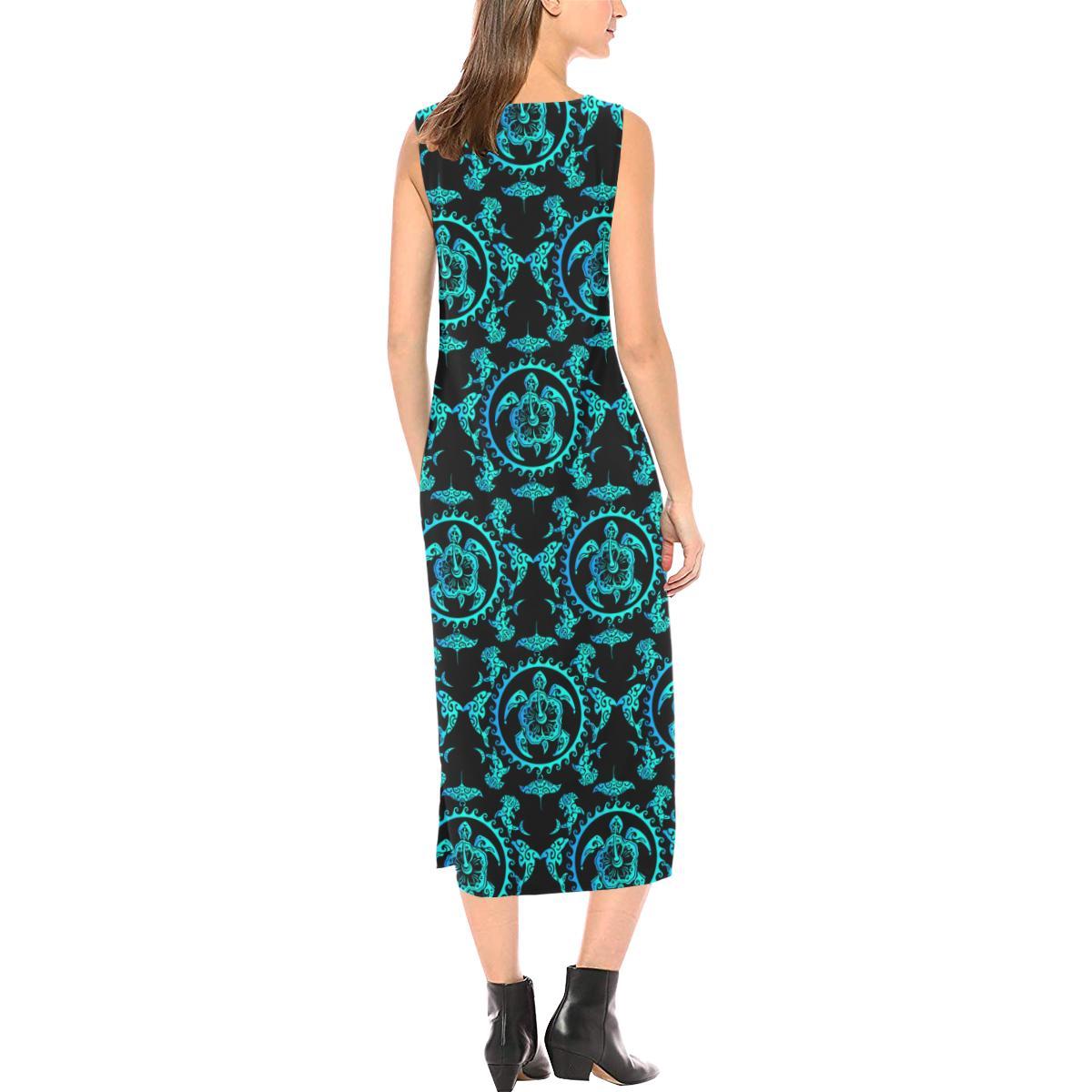 turquoise Tribal Sea Turtle Hawaiian Sleeveless Open Fork Long Dress