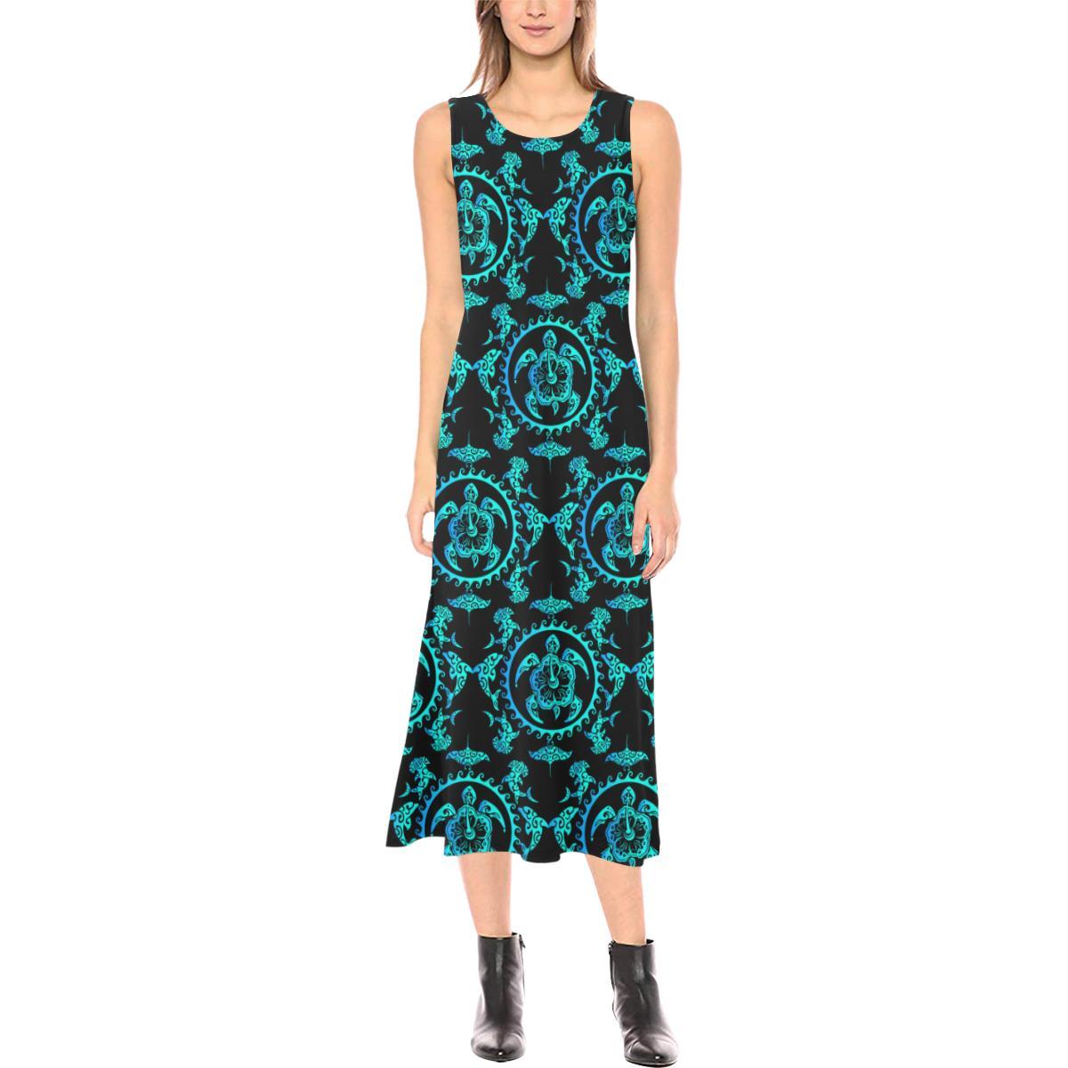 turquoise Tribal Sea Turtle Hawaiian Sleeveless Open Fork Long Dress