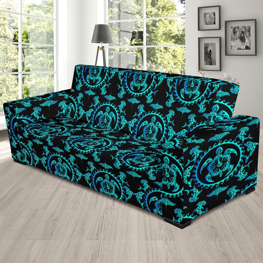 turquoise Tribal Sea Turtle Hawaiian Sofa Slipcover-JORJUNE.COM