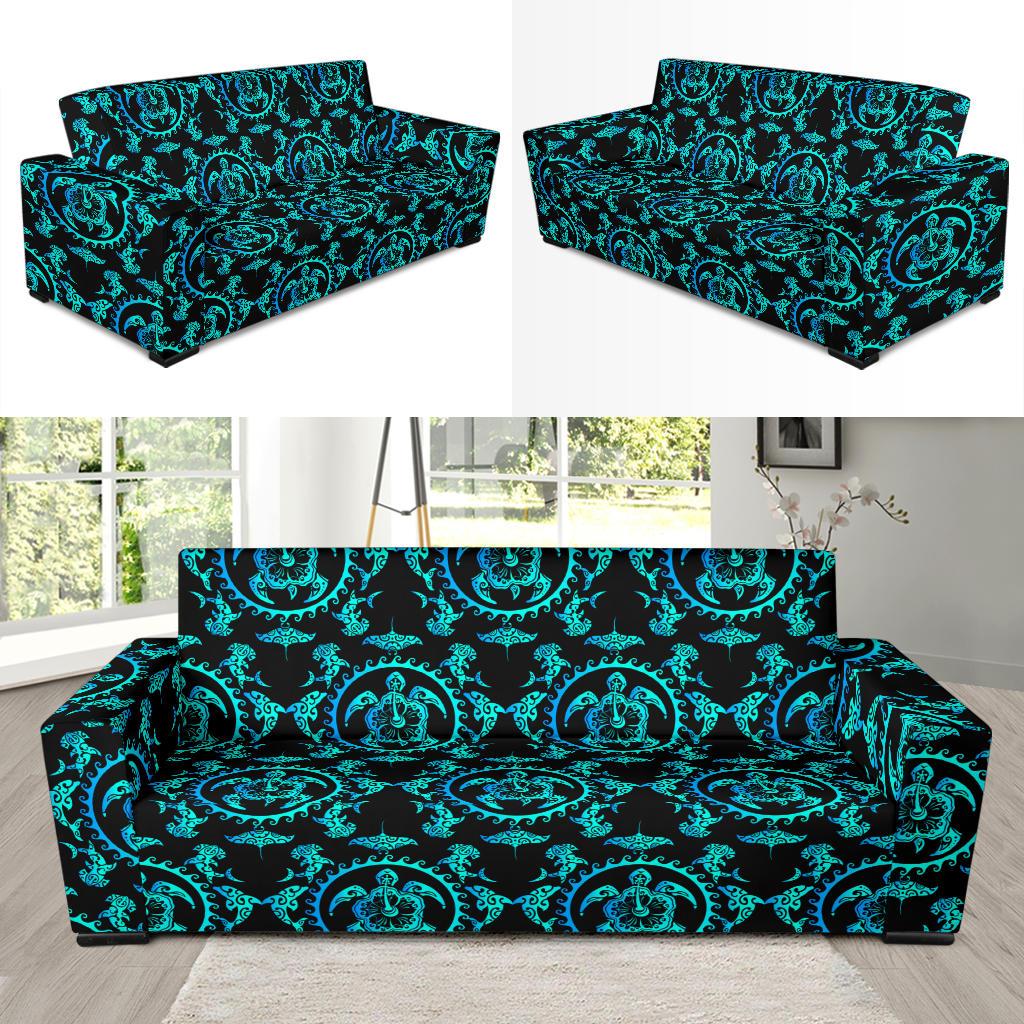 turquoise Tribal Sea Turtle Hawaiian Sofa Slipcover-JORJUNE.COM