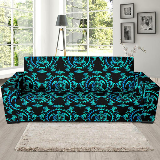 turquoise Tribal Sea Turtle Hawaiian Sofa Slipcover-JORJUNE.COM