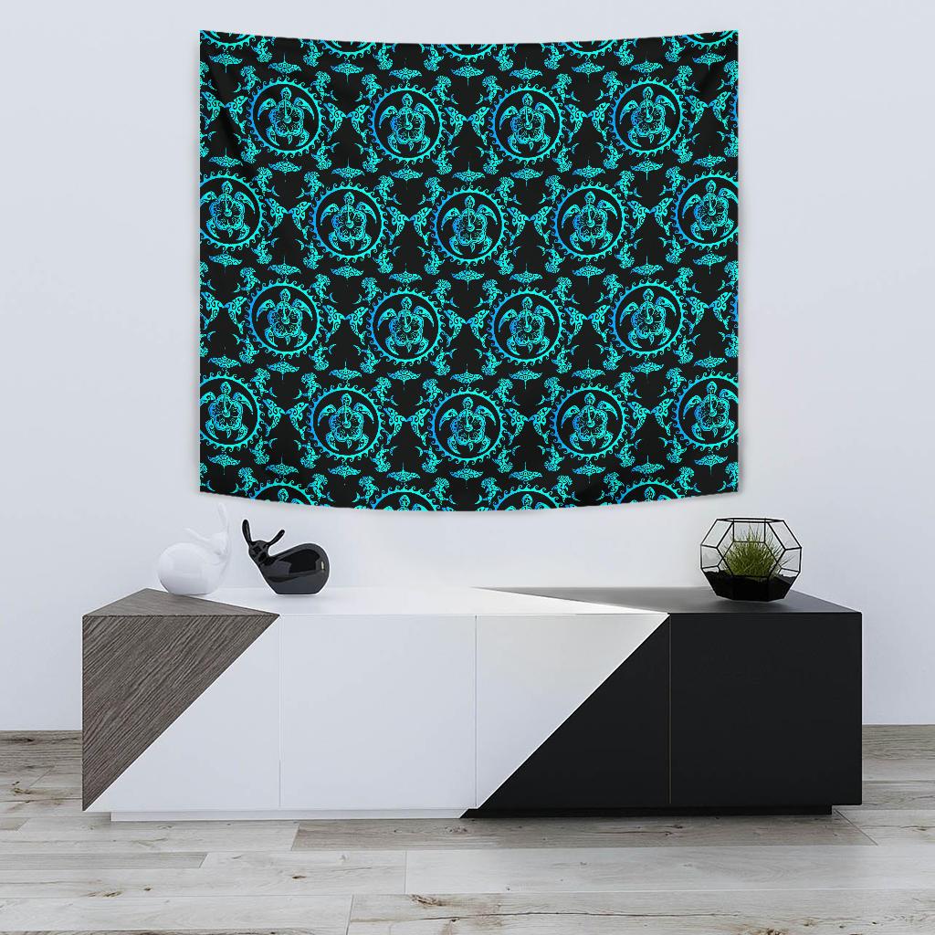 turquoise Tribal Sea Turtle Hawaiian Tapestry