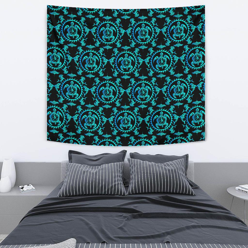 turquoise Tribal Sea Turtle Hawaiian Tapestry