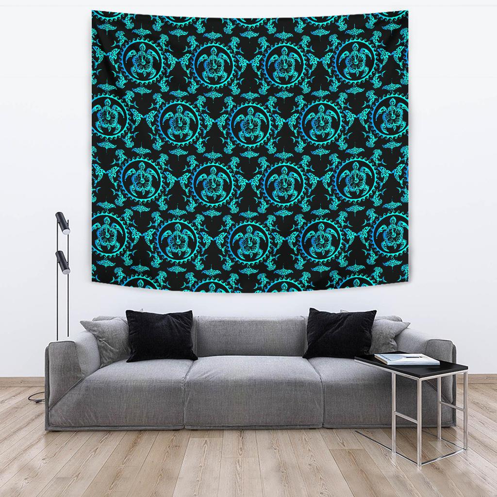 turquoise Tribal Sea Turtle Hawaiian Tapestry