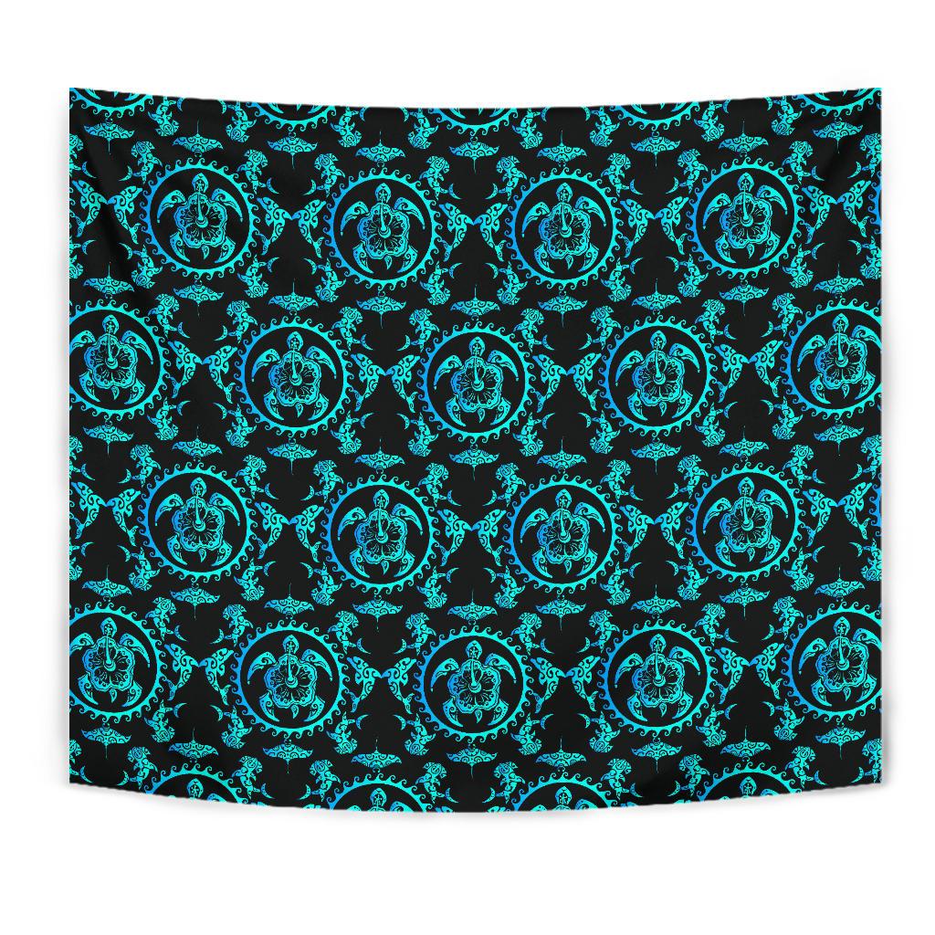 turquoise Tribal Sea Turtle Hawaiian Tapestry