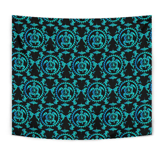 turquoise Tribal Sea Turtle Hawaiian Tapestry