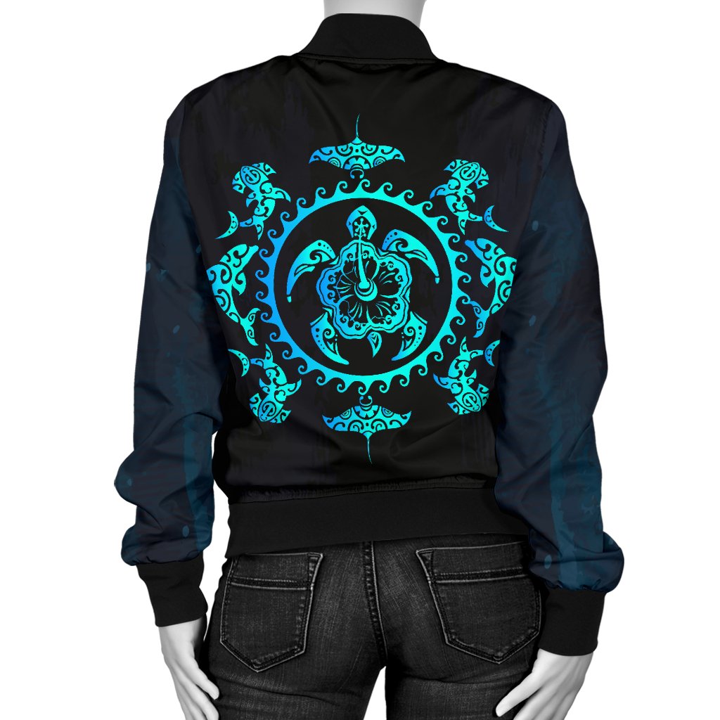 Turquoise Tribal Sea Turtle Hawaiian Women Casual Bomber Jacket