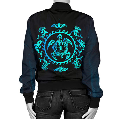 Turquoise Tribal Sea Turtle Hawaiian Women Casual Bomber Jacket