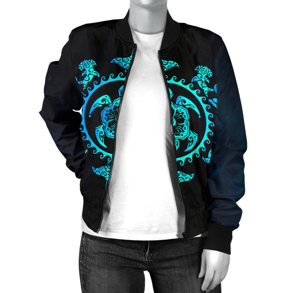 Turquoise Tribal Sea Turtle Hawaiian Women Casual Bomber Jacket