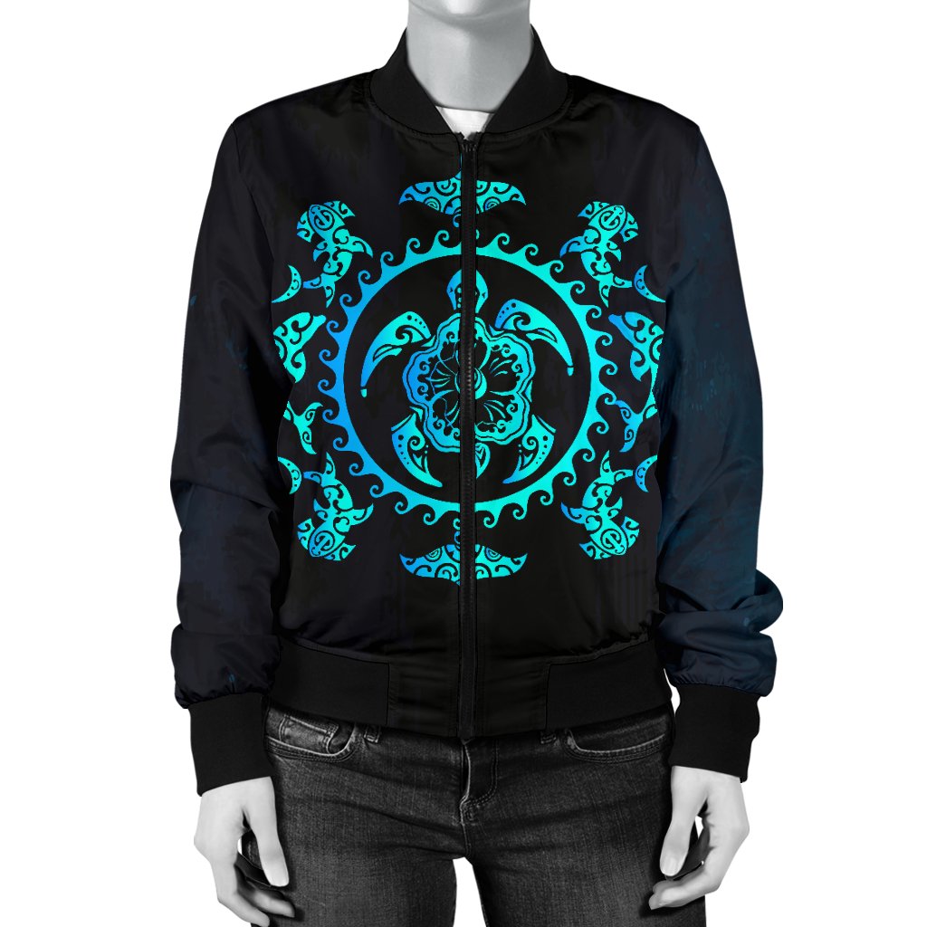 Turquoise Tribal Sea Turtle Hawaiian Women Casual Bomber Jacket