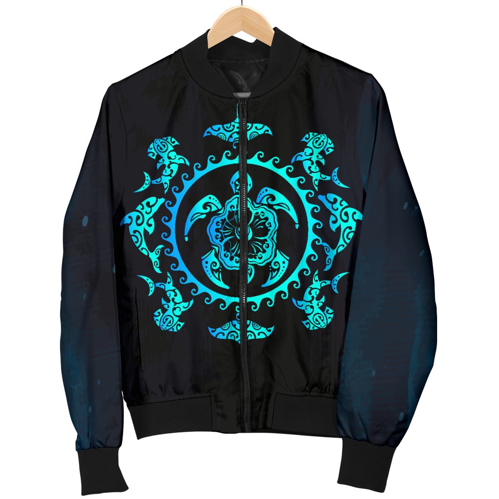 Turquoise Tribal Sea Turtle Hawaiian Women Casual Bomber Jacket