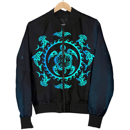 Turquoise Tribal Sea Turtle Hawaiian Women Casual Bomber Jacket