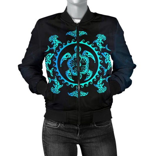Turquoise Tribal Sea Turtle Hawaiian Women Casual Bomber Jacket