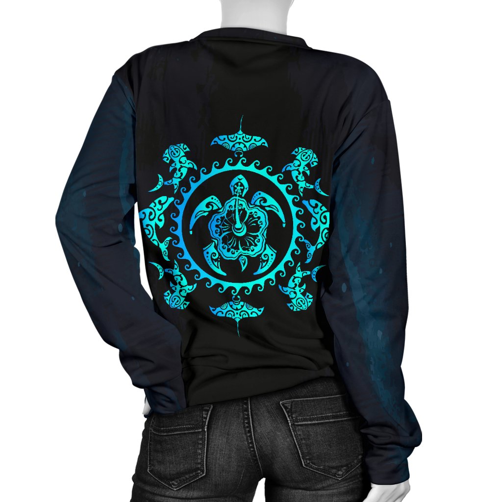 Turquoise Tribal Sea Turtle Hawaiian Women Crewneck Sweatshirt