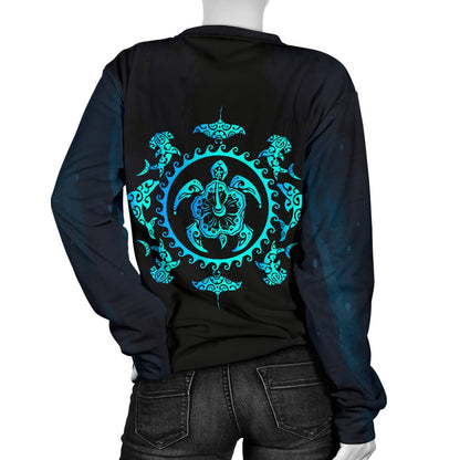 Turquoise Tribal Sea Turtle Hawaiian Women Crewneck Sweatshirt