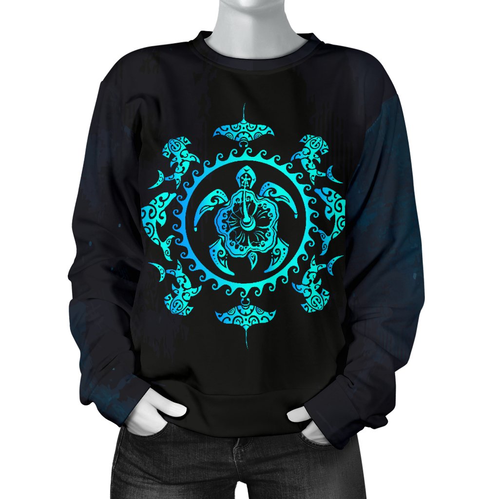 Turquoise Tribal Sea Turtle Hawaiian Women Crewneck Sweatshirt