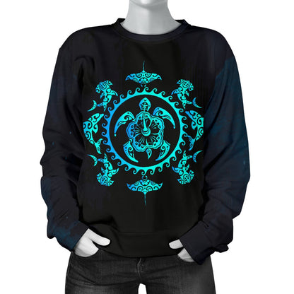 Turquoise Tribal Sea Turtle Hawaiian Women Crewneck Sweatshirt