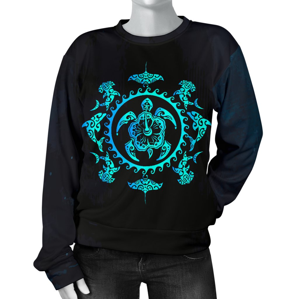 Turquoise Tribal Sea Turtle Hawaiian Women Crewneck Sweatshirt