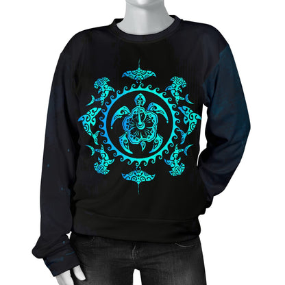 Turquoise Tribal Sea Turtle Hawaiian Women Crewneck Sweatshirt