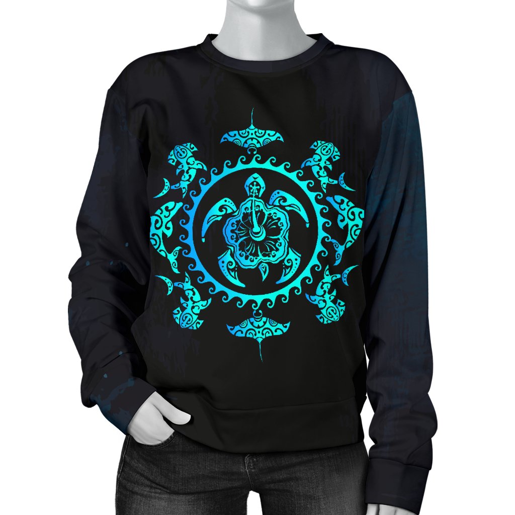 Turquoise Tribal Sea Turtle Hawaiian Women Crewneck Sweatshirt