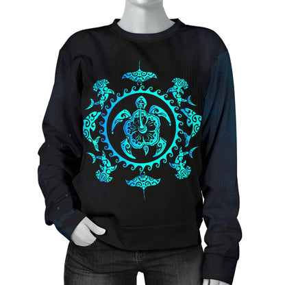Turquoise Tribal Sea Turtle Hawaiian Women Crewneck Sweatshirt