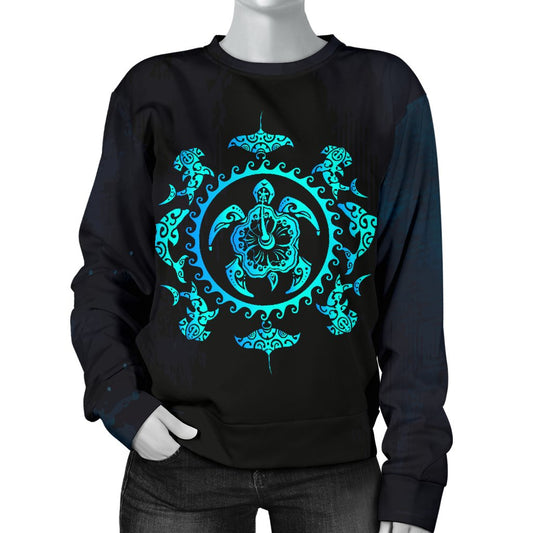Turquoise Tribal Sea Turtle Hawaiian Women Crewneck Sweatshirt