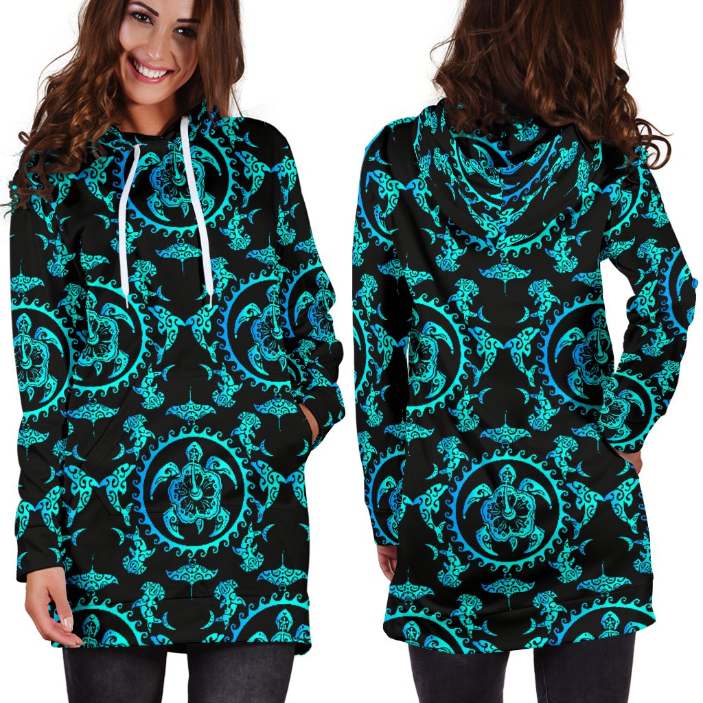 Turquoise Tribal Sea Turtle Hawaiian Women Hoodie Dress