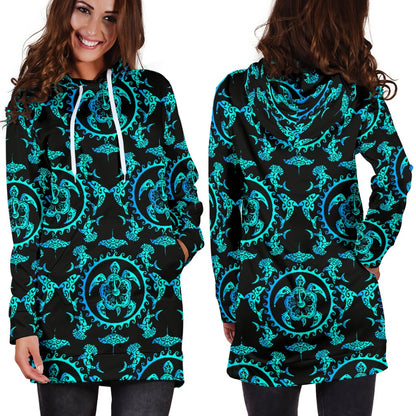 Turquoise Tribal Sea Turtle Hawaiian Women Hoodie Dress