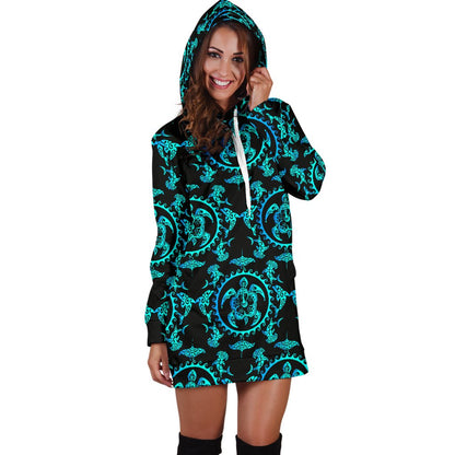 Turquoise Tribal Sea Turtle Hawaiian Women Hoodie Dress