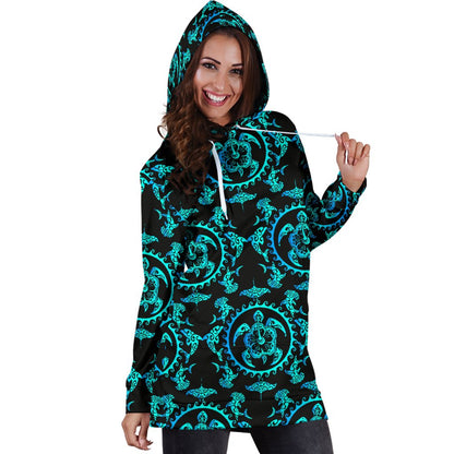 Turquoise Tribal Sea Turtle Hawaiian Women Hoodie Dress