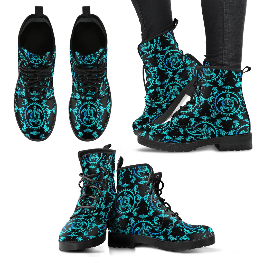 Turquoise Tribal Sea Turtle Hawaiian Women Leather Boots