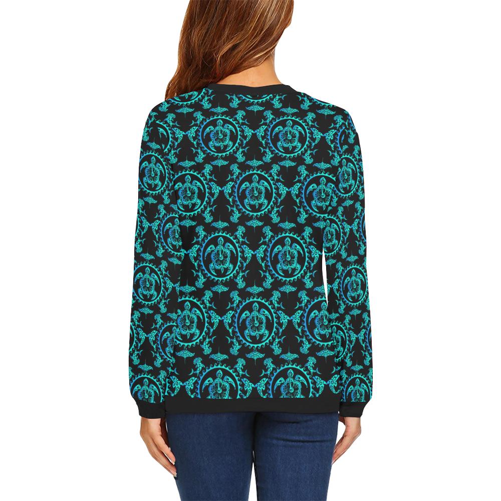 turquoise Tribal Sea Turtle Hawaiian Women Long Sleeve Sweatshirt-JorJune