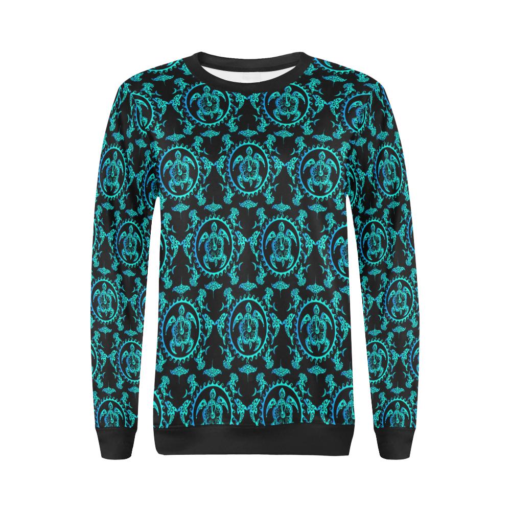 turquoise Tribal Sea Turtle Hawaiian Women Long Sleeve Sweatshirt-JorJune
