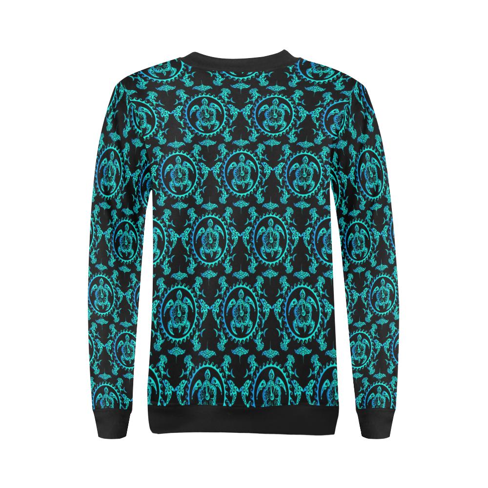 turquoise Tribal Sea Turtle Hawaiian Women Long Sleeve Sweatshirt-JorJune