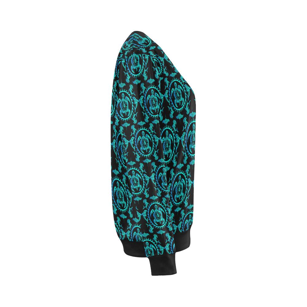 turquoise Tribal Sea Turtle Hawaiian Women Long Sleeve Sweatshirt-JorJune