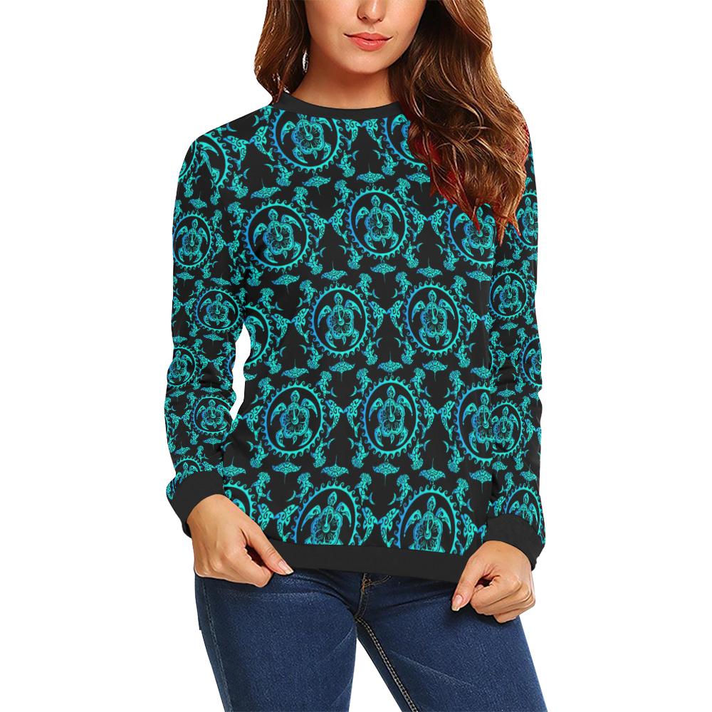 turquoise Tribal Sea Turtle Hawaiian Women Long Sleeve Sweatshirt-JorJune