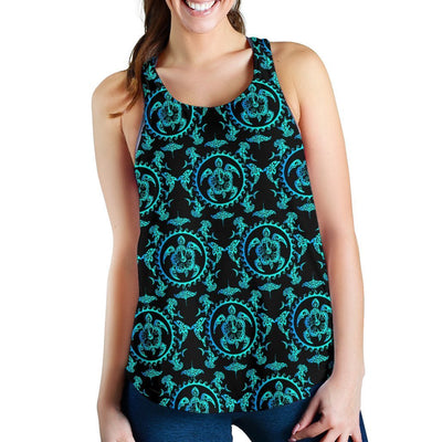 Turquoise Tribal Sea Turtle Hawaiian Women Racerback Tank Top