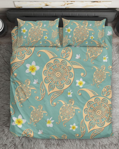 Tribal Sea Turtle Hawaiian Plumeria Duvet Cover Bedding Set