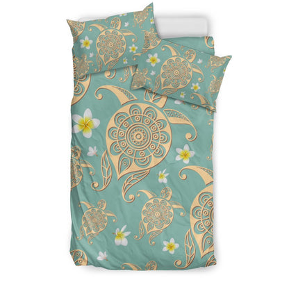 Tribal Sea Turtle Hawaiian Plumeria Duvet Cover Bedding Set