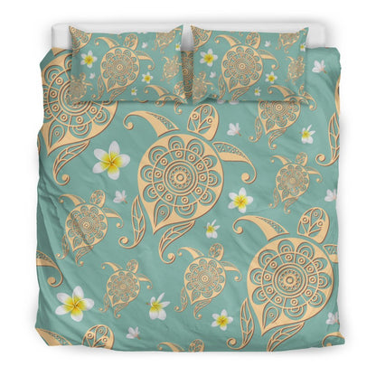 Tribal Sea Turtle Hawaiian Plumeria Duvet Cover Bedding Set