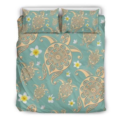 Tribal Sea Turtle Hawaiian Plumeria Duvet Cover Bedding Set