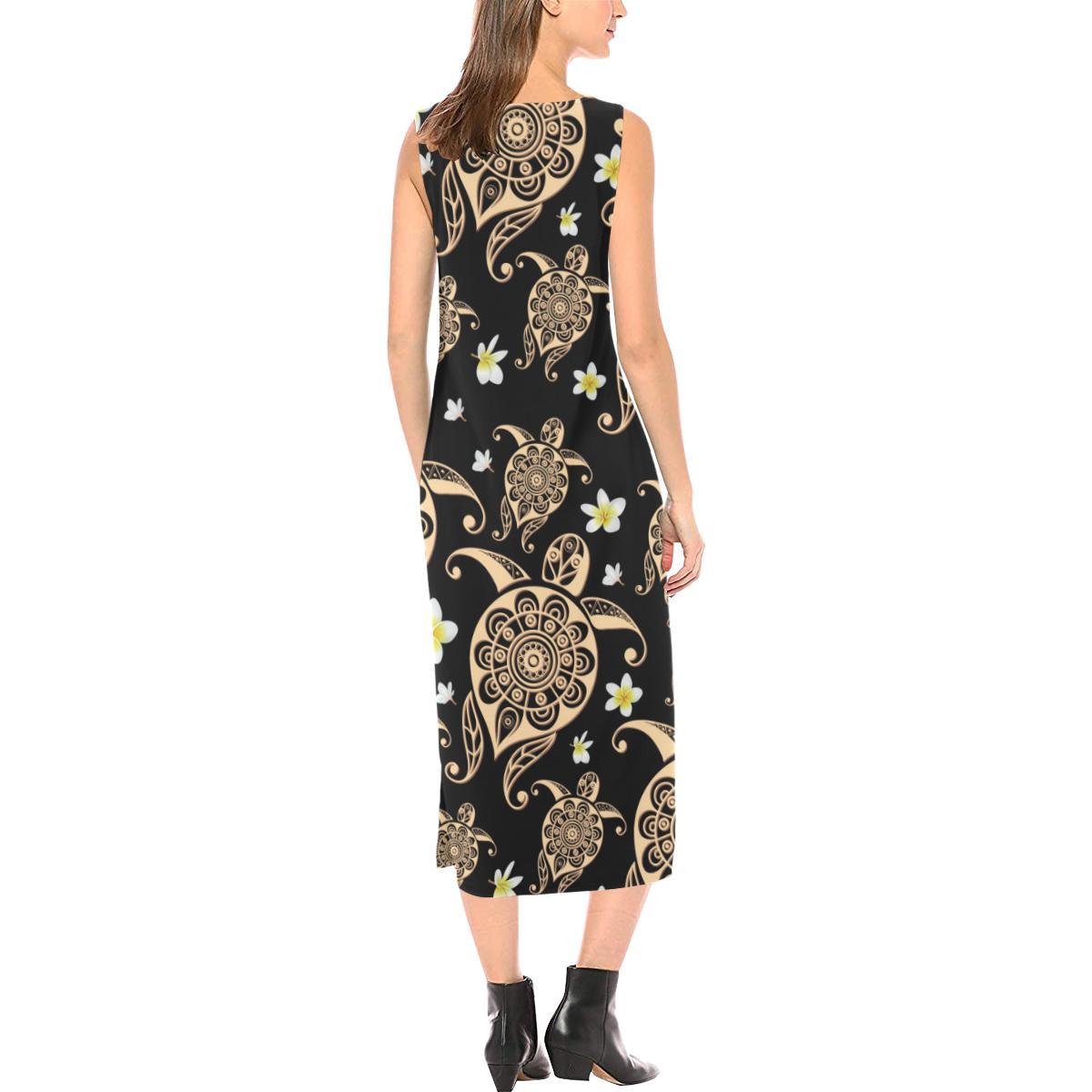 Turtle Polynesian Tribal Hawaiian Sleeveless Open Fork Long Dress